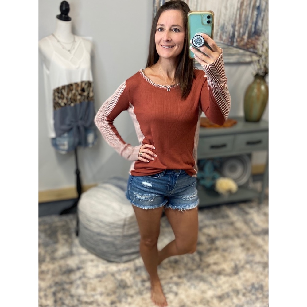 ❤️‍🔥Thumbhole Ribbed Contrast Soft Long Sleeve Top Rust 3621 - Picture 8 of 9